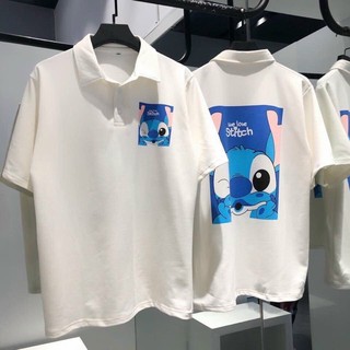 Áo polo trắng we love stitch, áo thun có cổ unisex
