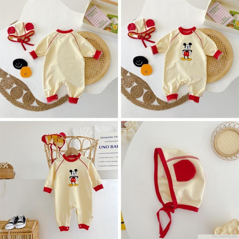 Bộ áo liền quần in họa tiết hoạt hình + mũ thời trang cho bé sơ sinh