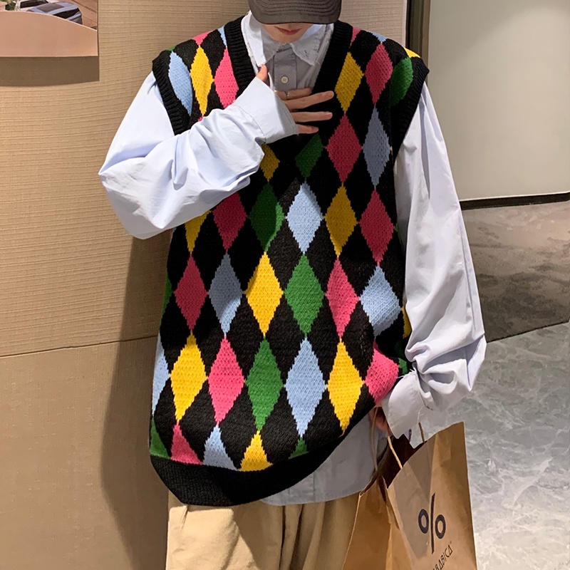 【M-2XL】Thời trang nam đầy màu sắc kẻ sọc V In thanh niên Vest nam xu hướng trẻ trung Đa năng không tay Unisex Vest cặp đôi