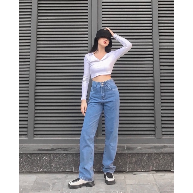 Quần Ella Jeans Suông Cạp Cao 2 Nút