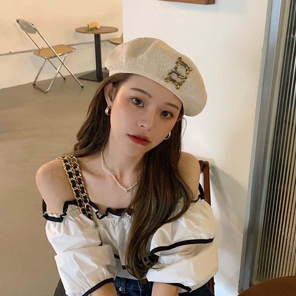 Mũ Beret Dệt Kim Phối Khóa Đồng Ngọt Ngào Thời Trang Mùa Đông Cho Nữ