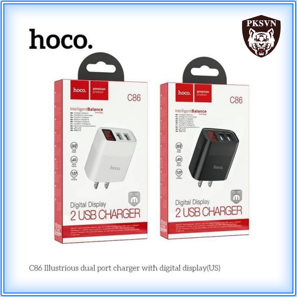 Củ Sạc Nhanh Hoco C39/C86💝CAO CẤP💝Cốc Sạc Hoco 2 Cổng USB Sạc Nhanh 2.4A Có Đèn Led Hiển Thị - Bảo Hành Chính Hãng 12T