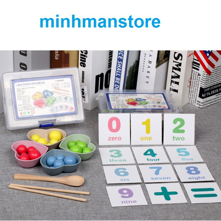 Bộ đồ chơi giáo cụ Montessori thực hành tập dùng thìa và đũa gắp bi gỗ cho bé