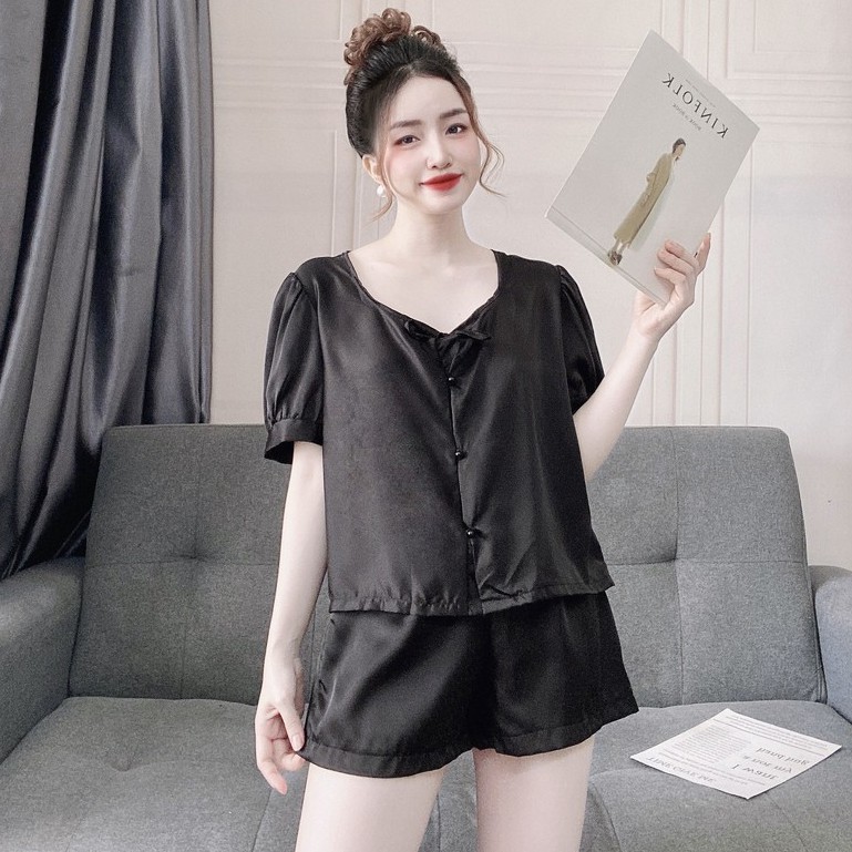 Đồ ngủ tiểu thư tay ngắn đính nút ngọc, lụa satin cao cấp mềm mại, freesize 40-60kg tùy chiều cao YONI 037 | BigBuy360 - bigbuy360.vn