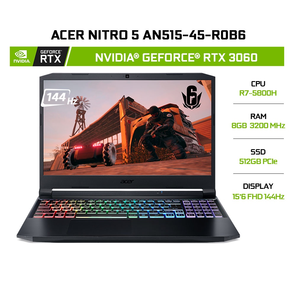 [Mã ELMALL1TR giảm 5% đơn 3TR] Laptop Acer Nitro 5 AN515-45-R0B6 GeForce® RTX3060 6GB R7-5800H 8G 512G 144Hz W10