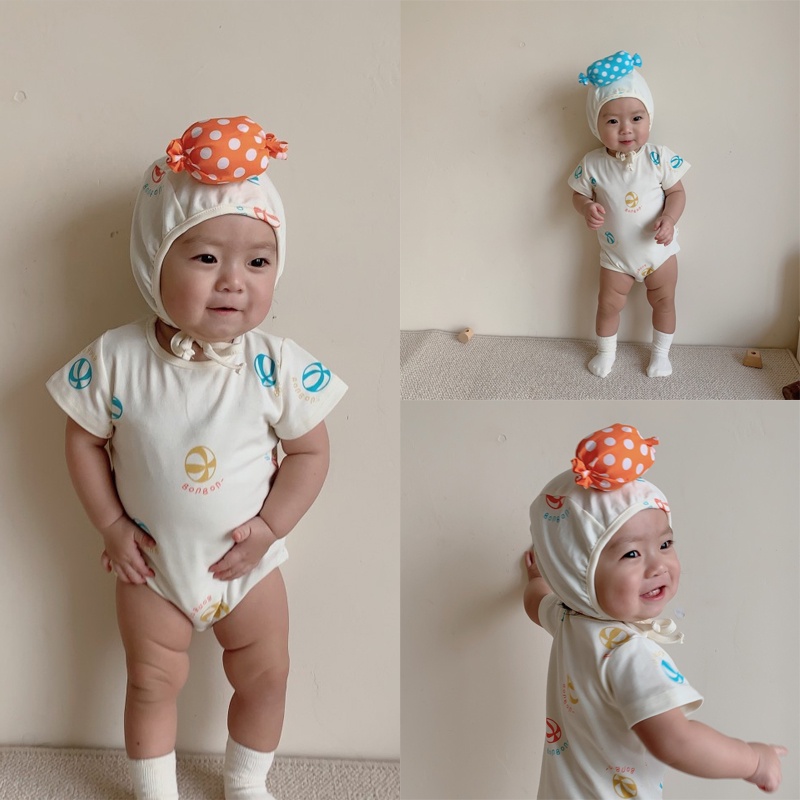 Bộ Áo Liền Quần Tay Ngắn + Mũ Vải Cotton Thời Trang Mùa Hè Dễ Thương Cho Bé Sơ Sinh