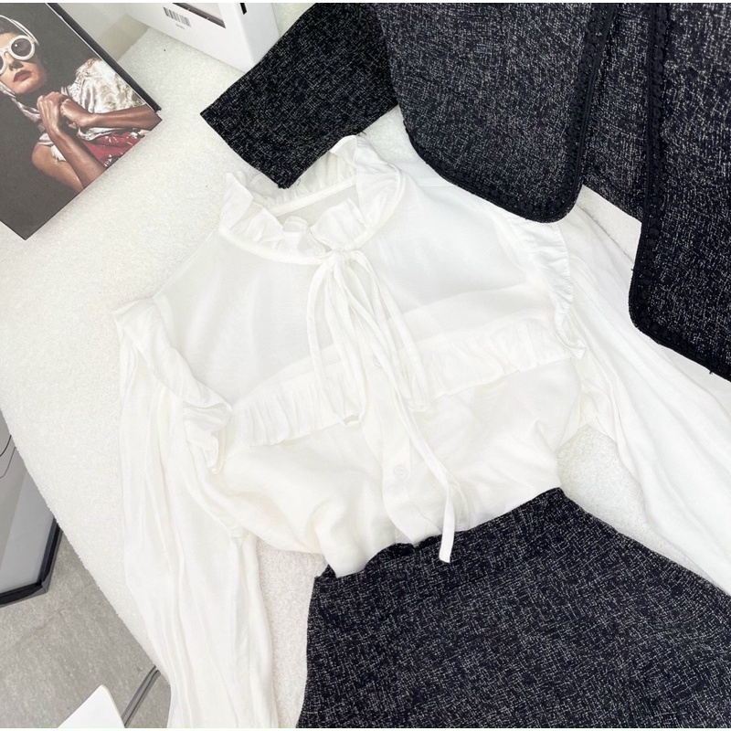 SET BỐ 3 MÓN DẠ: KHOÁC DẠ + SƠ MI TRẮNG CỔ BÈO TAY LOE + CHÂN VÁY 🖤