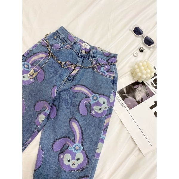 QUẦN JEAN ỐNG SUÔNG HOẠ TIẾT HÌNH CON THỎ MÀU TÍM S261 C2054