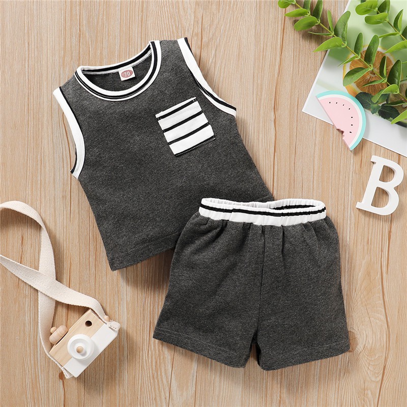 Mikrdoo Em bé dễ thương Áo sơ mi không tay + soóc Bộ quần áo 2PCS Dành cho bé trai 0-18 tháng