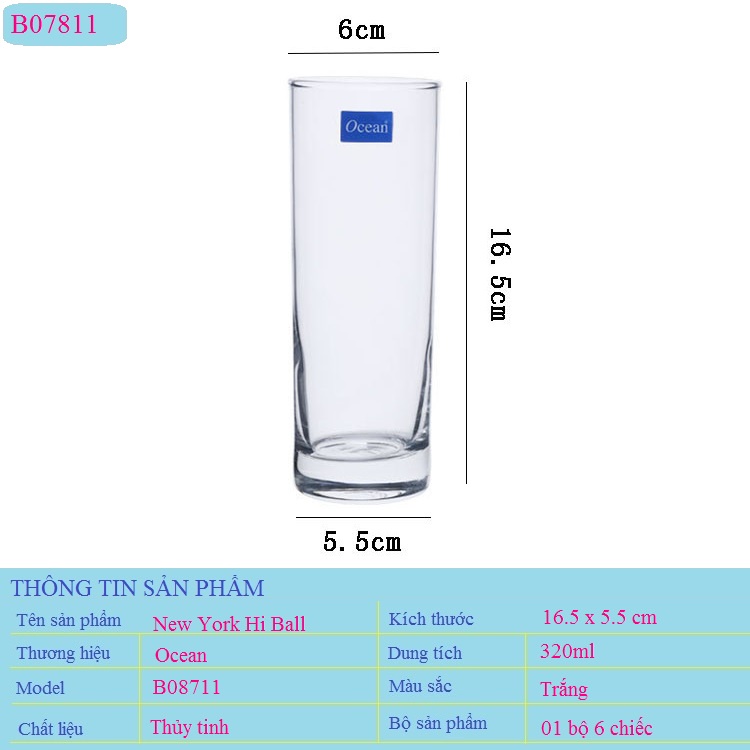 Bộ 06 Cốc Thủy Tinh Thân Cao Chịu Nhiệt Cao Cấp Ocean New York Hi Ball B07811 Dung Tích 320ml