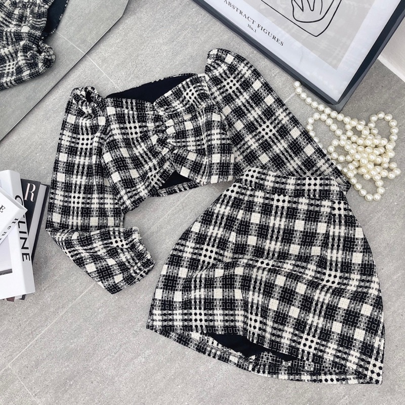 Set áo crop caro xoắn ngực tay dài + chân váy form A ulzzang quảng châu | BigBuy360 - bigbuy360.vn