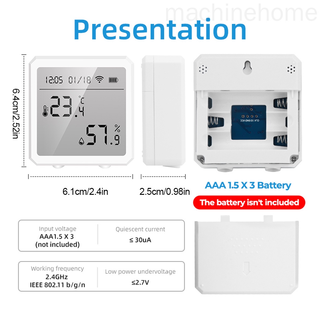 Máy cảm biến nhiệt độ wifi màu trắng chạy pin có nhiệt kế ẩm kế dò độ ẩm thông minh có màn hình kỹ thuật số