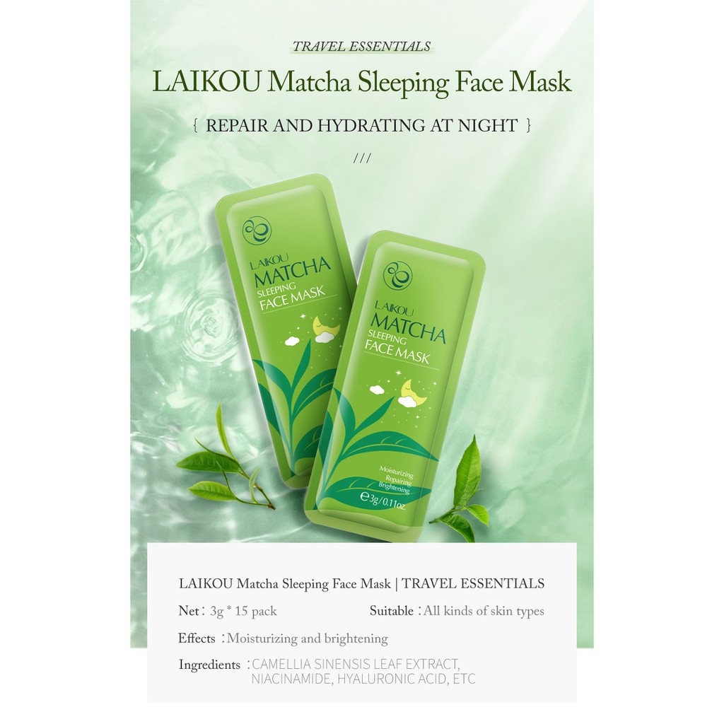 LAIKOU Matcha Mặt nạ ngủ chăm sóc da mặt Hydrating Oil-Control Night Mask Mask 3g * 15 miếng