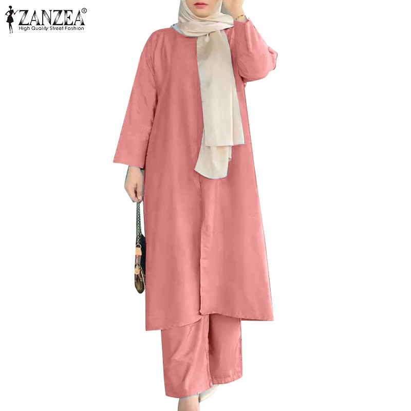 Bộ đồ Hồi Giáo ZANZEA dáng rộng cổ tròn tay dài xẻ tà màu trơn thời trang cho nữ