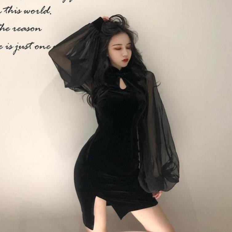 Váy sườn xám tay dài cổ đứng eo cao thiết kế hở lưng thời trang dành cho nữ | BigBuy360 - bigbuy360.vn