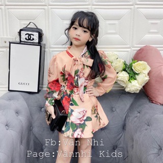 Set váy hoa hồng cổ nơ cho bé gái