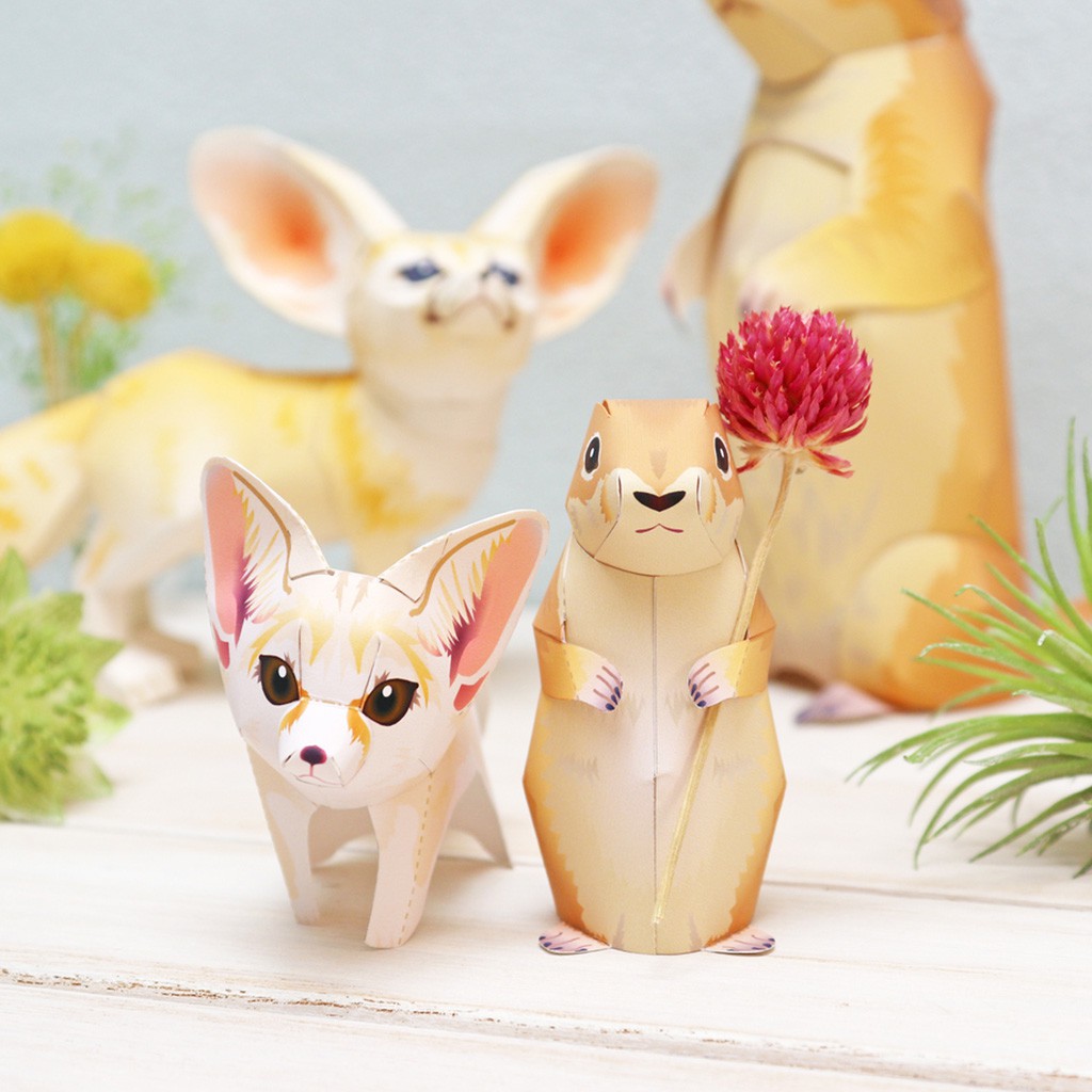 Mô hình giấy động vật Mini Fennec Fox &amp; Prairie Dog