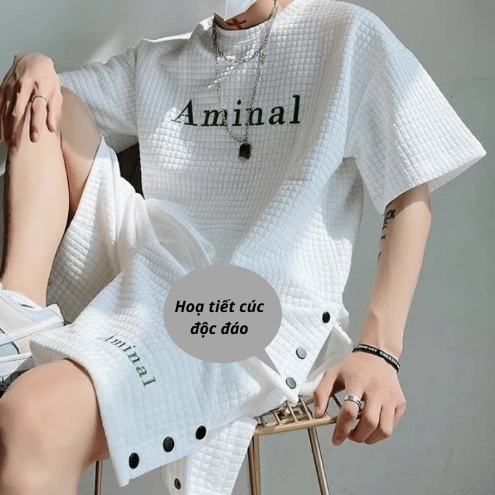 Set tổ ong cộc tay/Bộ thun nữ form rộng unisex thêu hoạ tiết ANIMAL, dập cúc độc đáo Rô Store S26