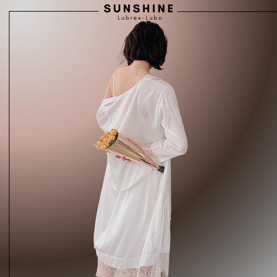 Váy Ngủ Lụa Kèm Áo Choàng Ngủ Lụa Cao Cấp CÓ MÚT NGỰC MÀU TRẮNG SUNSHINE MNT560