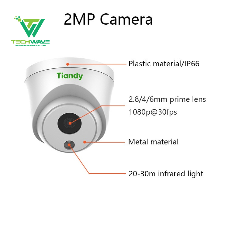 Camera IP Hồng ngoại Dome TIANDY TC-C32HN độ phân giải 2MP Full HD 1080P 30FPS tích hợp micro, ONVIF chống nước IP66