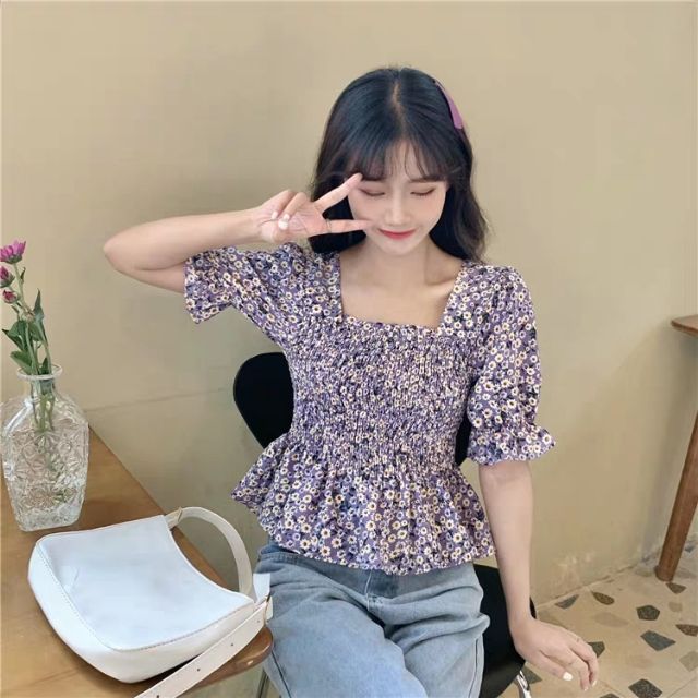 (Ảnh thật cuối hình)Áo kiểu hoa cúc nhỏ xinh yêu phong cách Hàn Quốc