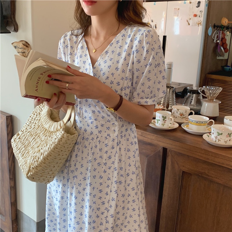 Đầm maxi nữ SUXI tay ngắn cổ chữ V in hoa phong cách Hàn Quốc