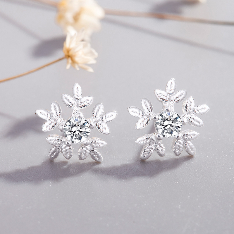 Khuyên tai bạc S925 đính đá zircon hình hoa tuyết chống dị ứng thời trang Hàn Quốc