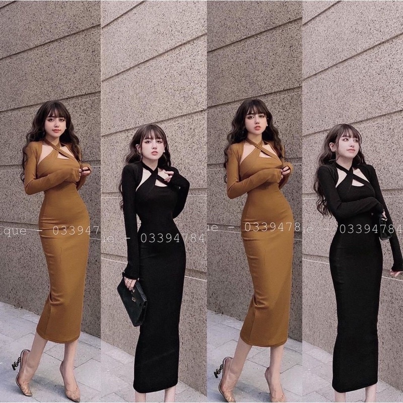 Đầm body tay dài cổ cách điệu chữ x. Màu đen/ nâu không kén da. Chất vải mềm mịn, co dãn dày dặn.l