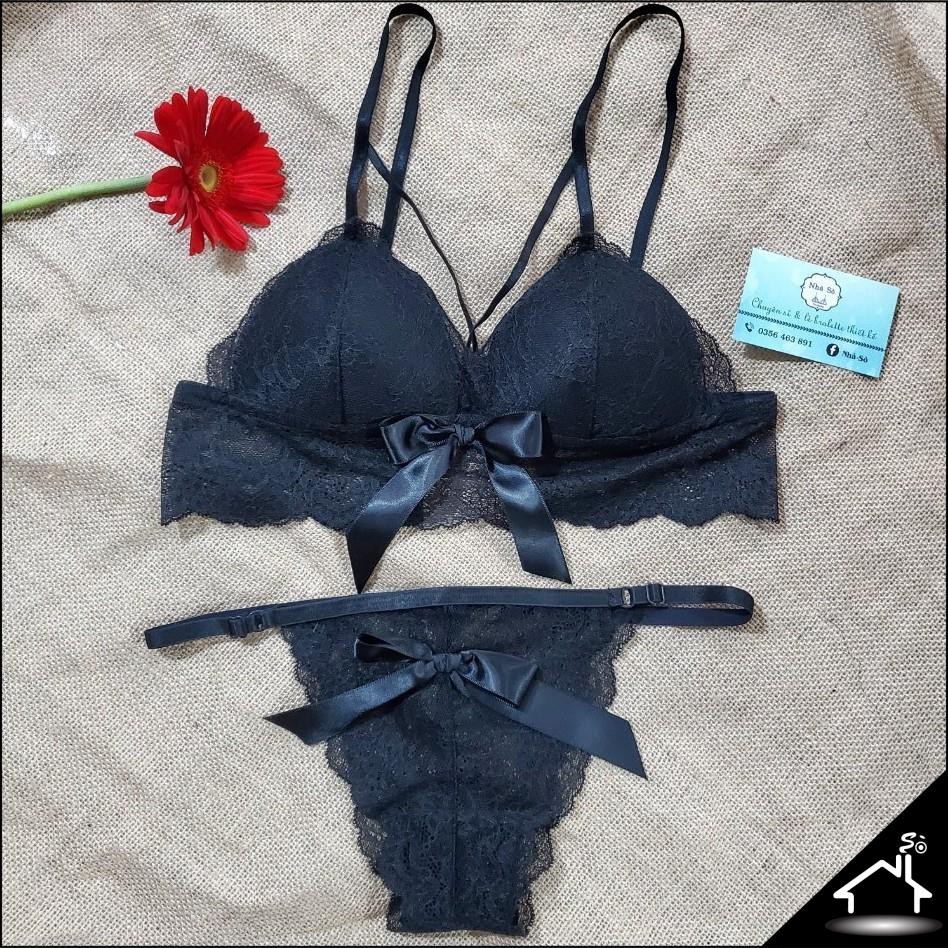 Bộ đồ lót ren, set bra sexy hoa đen nơ lớn quần dây