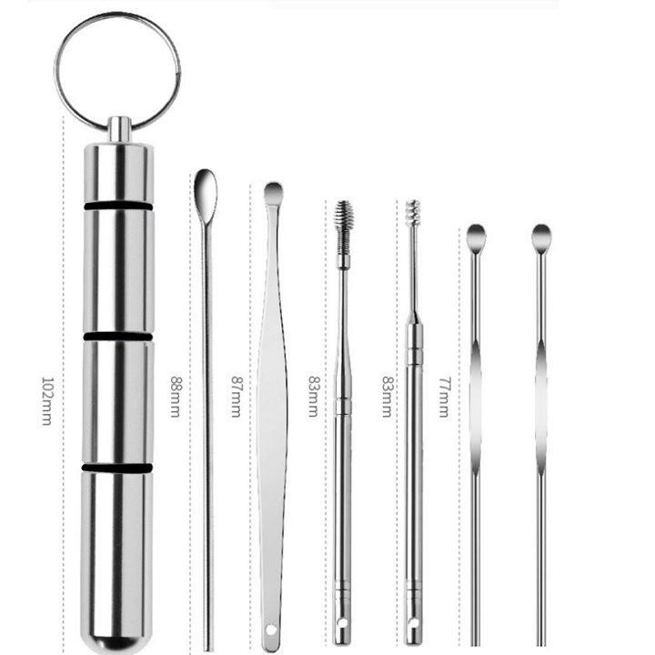 Bộ Dụng Cụ Ngoáy Tai Lấy Ráy Tai 6 Món Bằng Thép Không Gỉ Cao Cấp Có Hộp inox Đựng, Móc Đeo Khóa Tiện Lợi