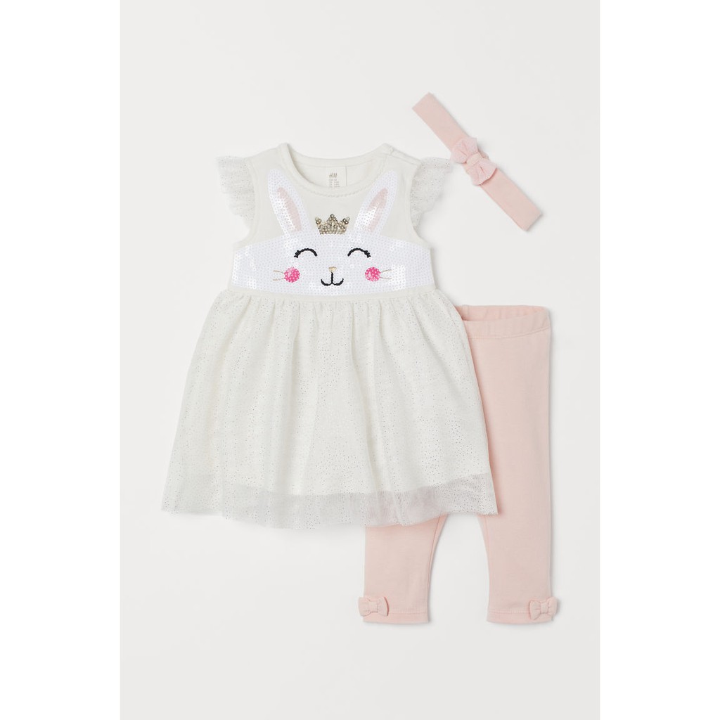 Set 3 chi tiết sequin thỏ trắng HM H&amp;M size 9-12, 12-18, 18-24m, 2-3y_hàng chính hãng Mỹ