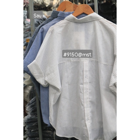 Áo sơ mi cộc tay xẻ lưng cài cúc sau siêu hot 9150, Áo sơmi cộc tay kẻ nhỏ kiểu Hàn Quốc