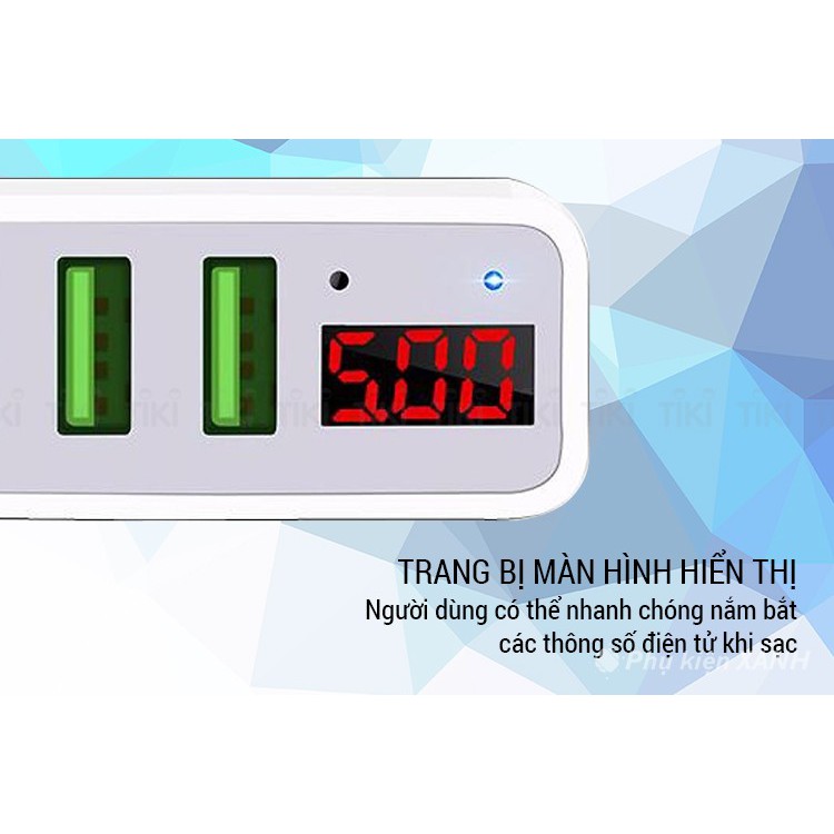 Cốc Sạc Củ Sạc Nhanh 3 Cổng Hoco C15 3A - Màn Hình LCD Hiển Thị Điện Áp - Chính Hãng Bảo Hành 12 Tháng