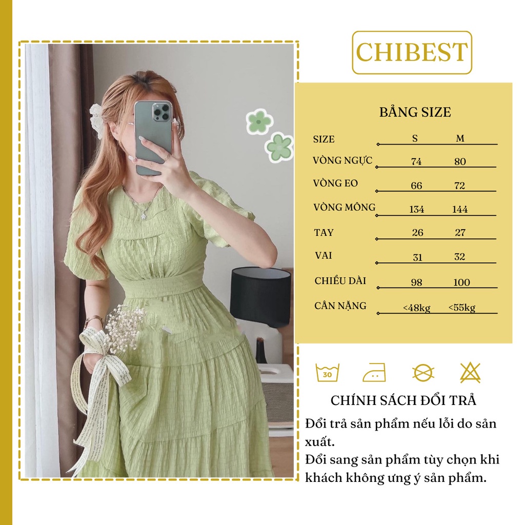 Đầm maxi đi biển tay bồng chất vải xốp nhún 2 lớp thời trang bánh bèo nhẹ nhàng vintage CHIBEST HDB41 | BigBuy360 - bigbuy360.vn