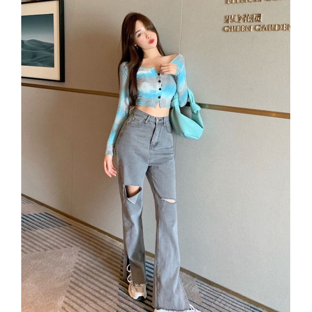 Áo Thun Dệt Kim Tay Dài Nhuộm Màu Dáng Ôm Thời Trang Cho Nữ