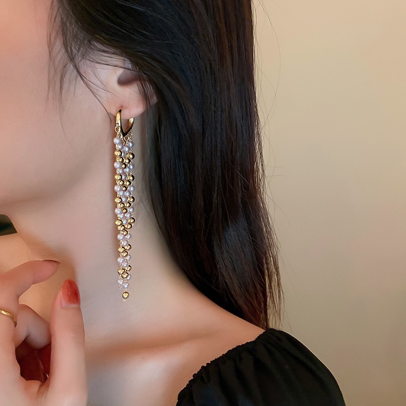 Khuyên Tai Tua Rua Dài Đính Ngọc Trai Sang Trọng Thời Trang Cho Nữ