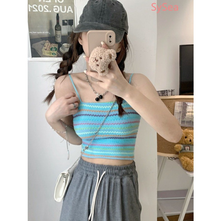 Áo Hai Dây Dệt Kim Kẻ Sọc Nhiều Màu Phong Cách Retro Cho Nữ