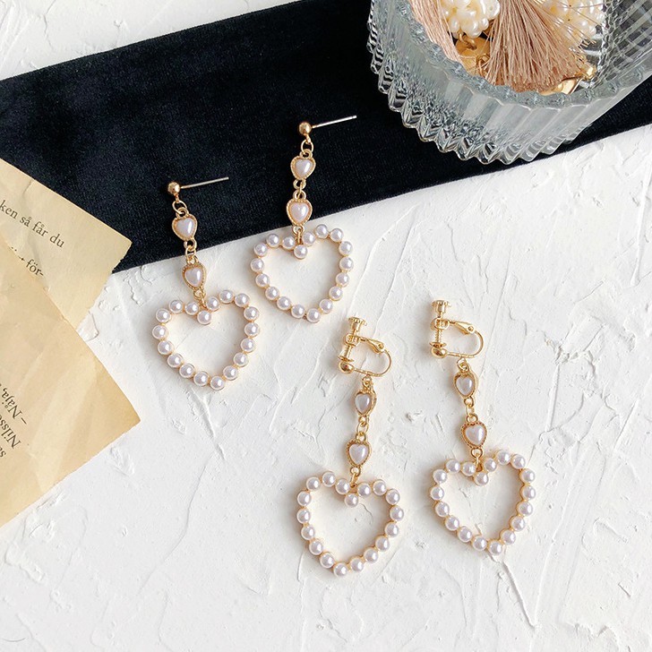 Khuyên tai kẹp không bấm lỗ chốt điều chỉnh K075 bằng hợp kim mạ vàng hình trái tim đính hạt trai bigsize dáng dài Leous