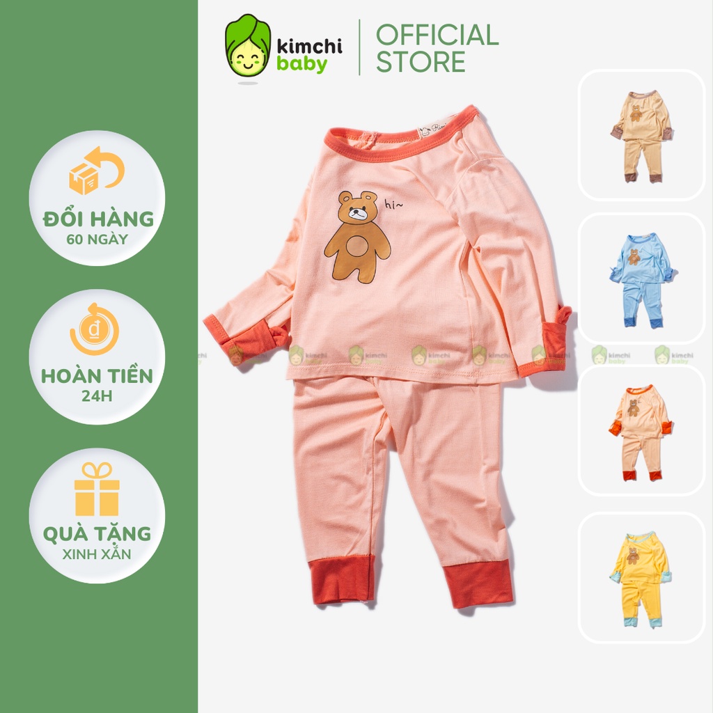 Bộ Dài Tay Bé Gái, Bé Trai KIMCHIBABY Vải Thun Lạnh Hoạ Tiết Gấu Bear Tay Lật, Bộ Quần Áo Trẻ Em Thu Đông KWTD2203
