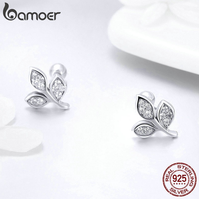 Hoa tai Bamoer kim loại hình lá xi bạc đính đá lấp lánh hợp thời trang