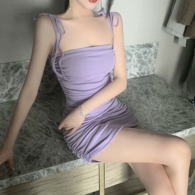 (ORDER) Váy thun hai dây thắt nơ xếp ly ngang nhăn dúm ôm body màu tím sexy mùa hè