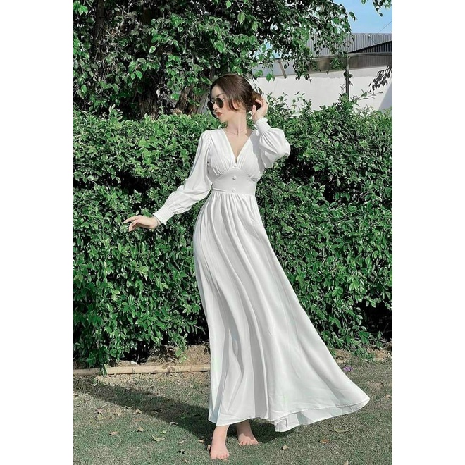 Đầm Nữ Thời Trang Mặc Đi Chơi, Đầm Lụa Tay Phồng Dài Xếp Ly Cổ Chữ V Có Mút 3 Màu Dễ Thương