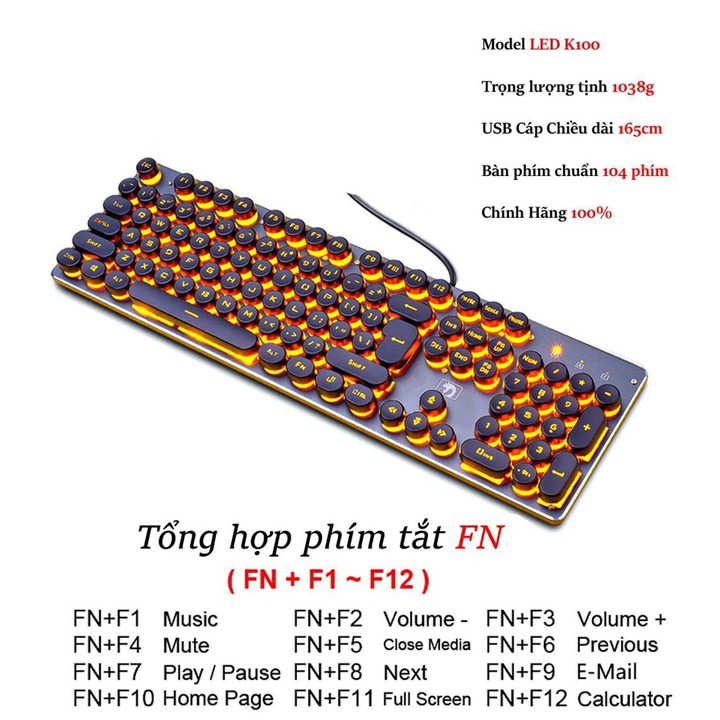 Bàn phím có dây ⚡Bảo hành 6 Tháng⚡Bàn phím máy tính đèn Led nhiều màu phím bấm siêu êm - Bàn phím thiết kế nút tròn K100