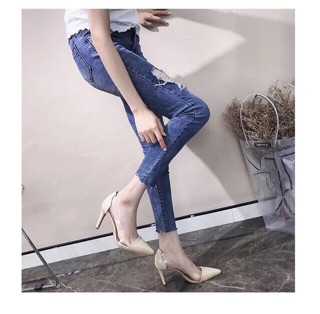 Giày cao gót 8 phân bít mũi da mềm phối Meka ảnh thật