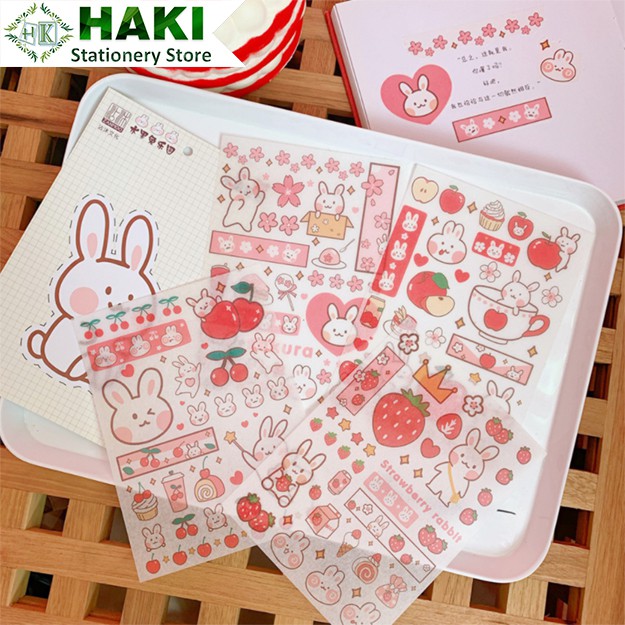 Sticker cute thỏ gấu HAKI, hình dán cute 4 tấm sticker trang trí sổ đáng yêu dễ thương giá rẻ ST22