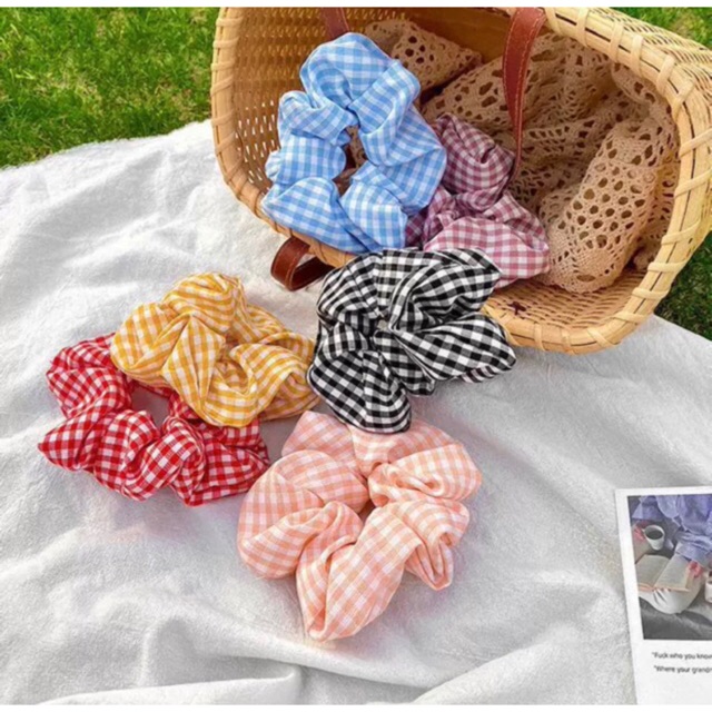 Dây cột tóc vải caro scrunchies phong cách Hàn