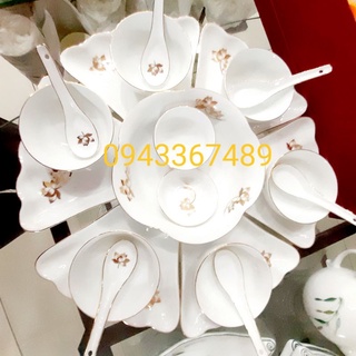 Bộ bát đĩa vẽ sen vàng kim, sứ bát tràng, đk 45cm