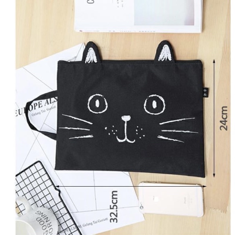 Túi Vải Canvas Đựng Tài Liệu Có Khóa Kéo In Hình Mèo Hoạt Hình Dễ Thương