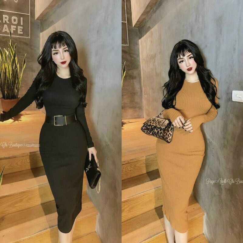 VÁy len tăm gân body dài tay nhiều màu