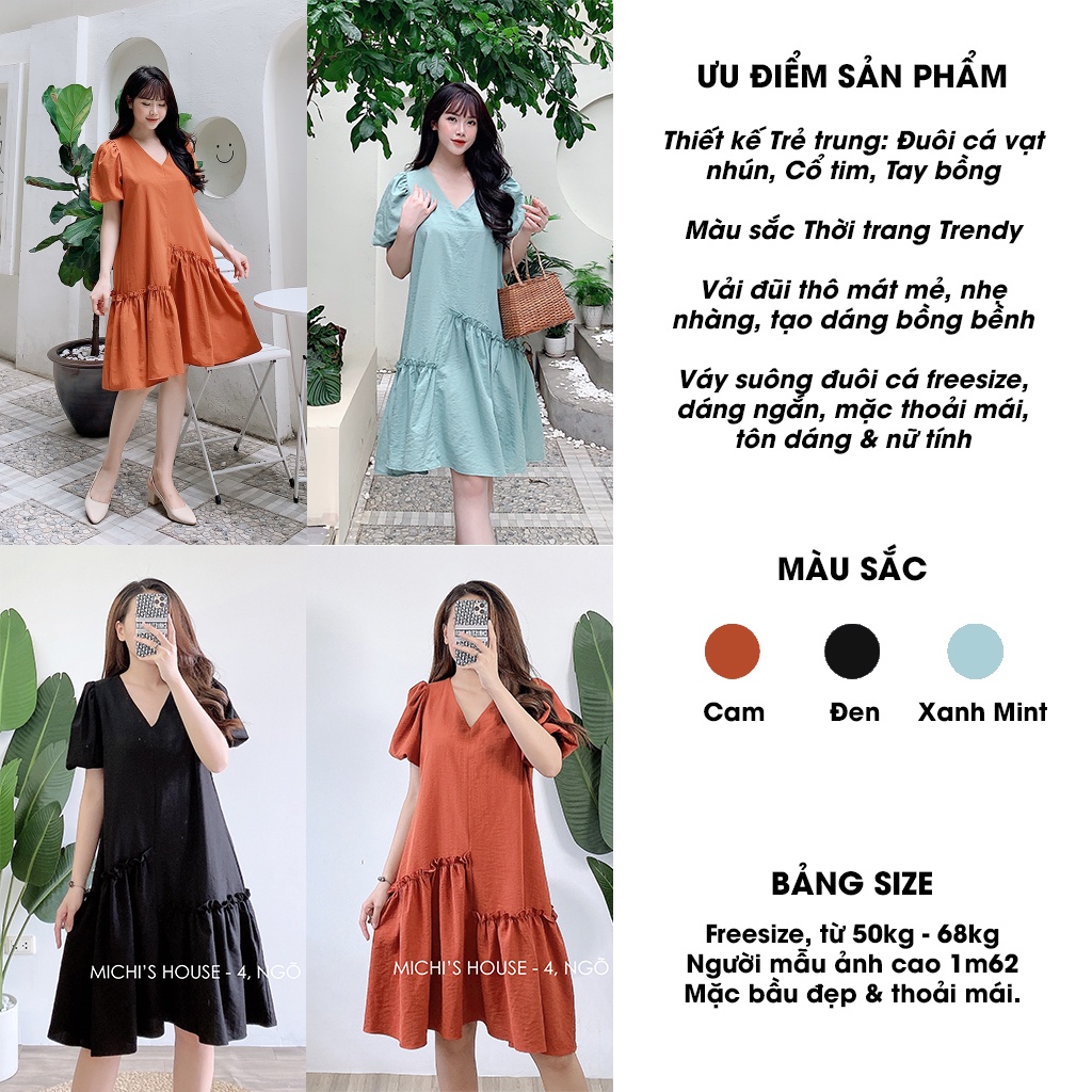 Đầm Suông Đũi V940 MICHI House Váy Xuông Thiết Kế  Cổ V Tay Bồng Dáng Ngắn Mặc Bầu Xinh Freesize Bigsize